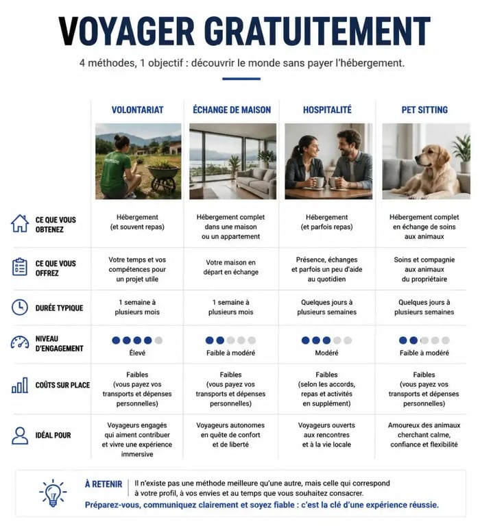 Comparatif des méthodes pour un voyage gratuit : volontariat, échange de maison et hospitalité.