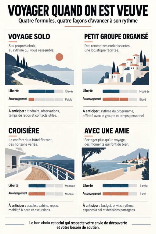 Infographie sur les options pour voyager quand on est veuve : solo, groupe, croisière ou avec une amie