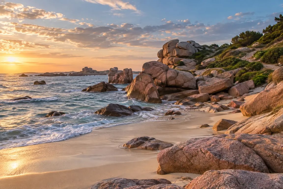 Plage Côte d’Armor à Saint-Guirec entre les rochers de granit rose