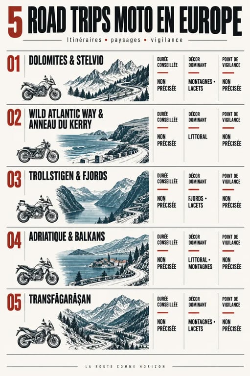 Infographie comparative des itinéraires de road trip moto en Europe