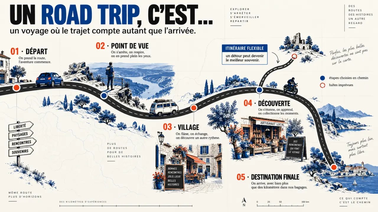 Qu’est-ce qu’un road trip : itinéraire itinérant avec plusieurs étapes et une route flexible