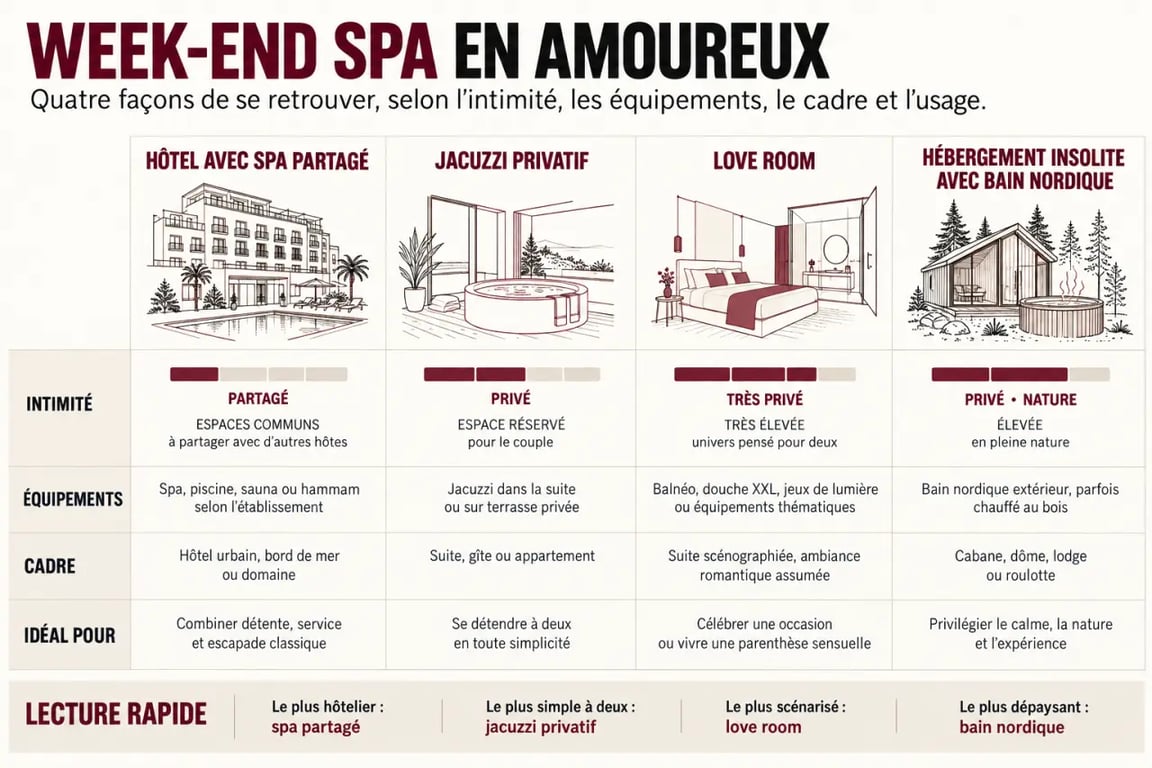 Infographie comparative pour choisir un week-end spa en amoureux selon l’intimité et les équipements