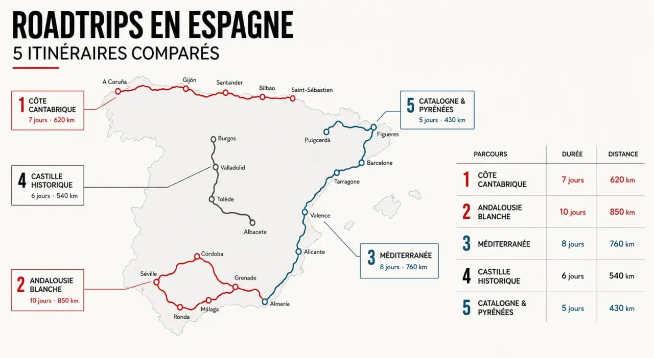 Roadtrip espagne en visuel comparatif des principaux itinéraires, avec durée et distance