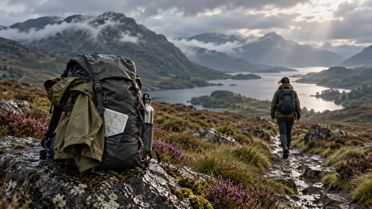 Trekkeur marchant dans les Highlands écossais sous un ciel nuageux