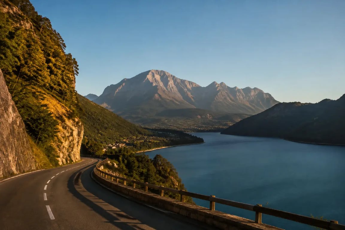 Road trip alpes au bord du lac d’Annecy avec route panoramique et montagnes