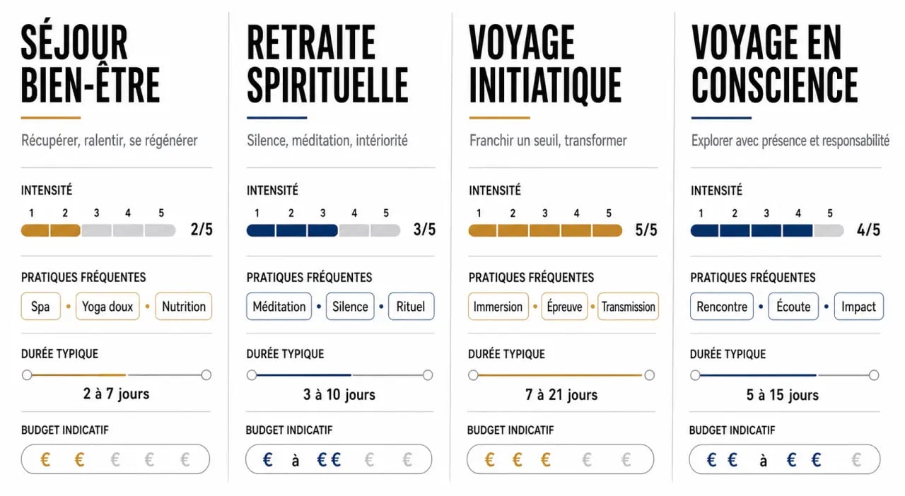 Développement personnel par le voyage : comparaison visuelle des formats séjour bien-être, retraite spirituelle, voyage initiatique et voyage en conscience