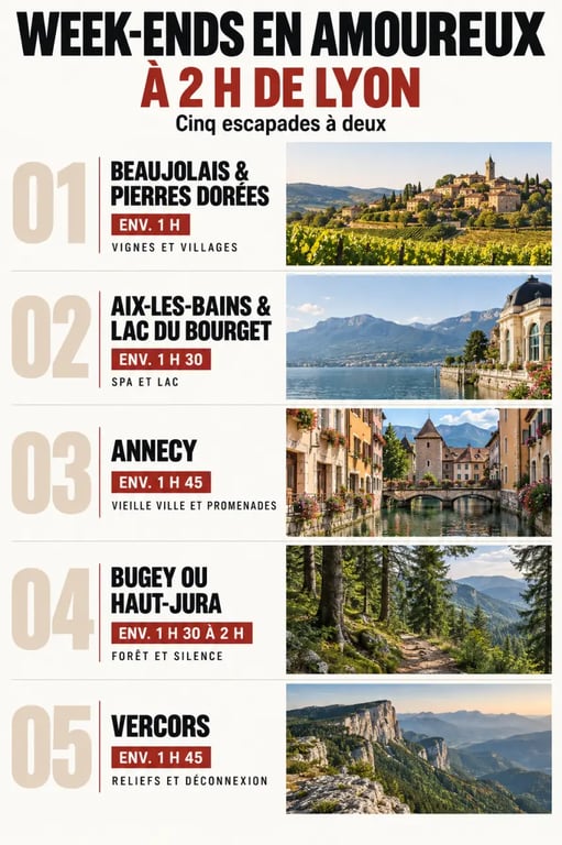 Infographie pour choisir un week-end en amoureux à 2 h de Lyon selon la destination et l’ambiance