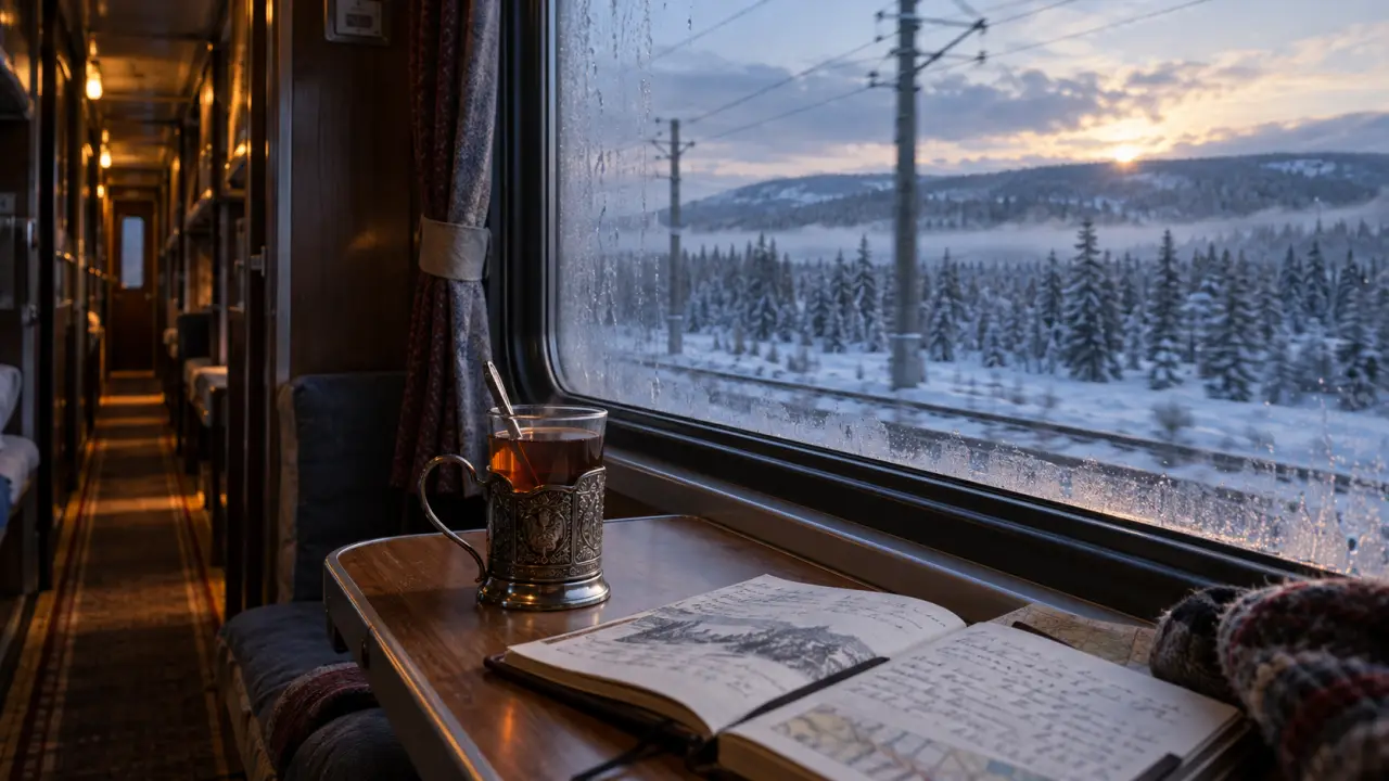 Train traversant les paysages enneigés de Sibérie