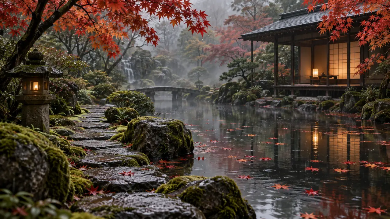 Jardin japonais à Kyoto dans la lumière douce d'une saison calme