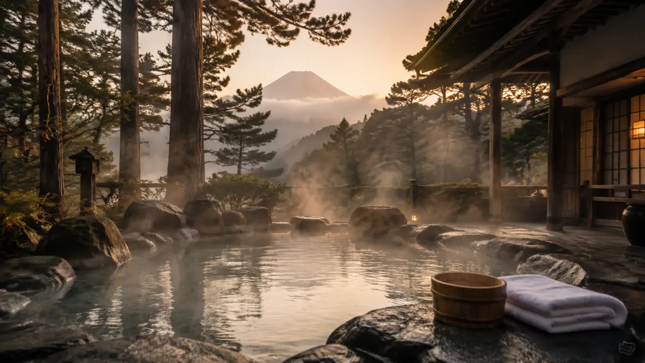 Paysage de Hakone enveloppé de vapeur, atmosphère apaisée et élégante
