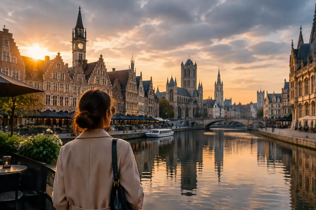 Les quais de Gand au crépuscule, entre façades historiques et reflets sur l'eau