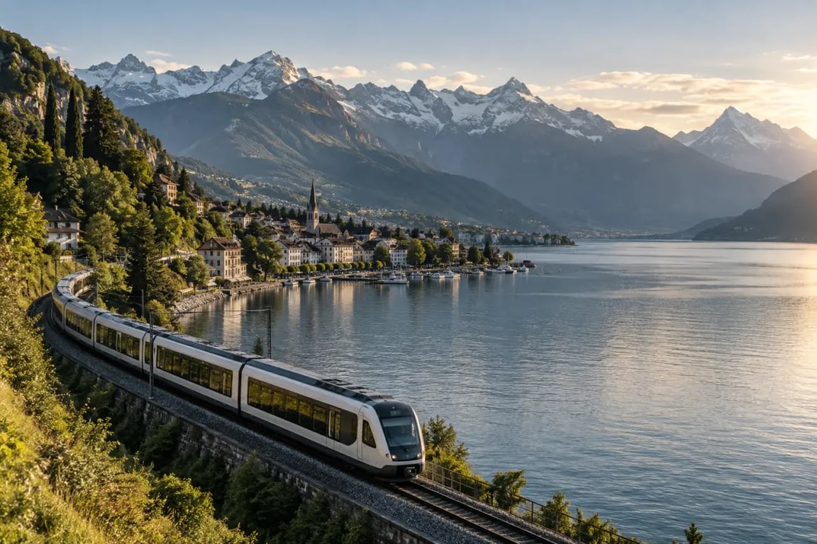 Voyage dernière minute Suisse avec train panoramique au bord d’un lac alpin