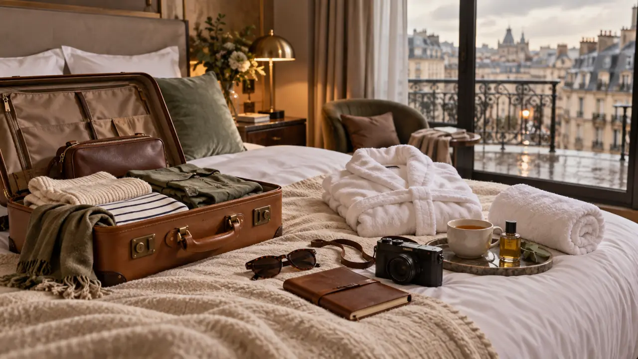 Valise élégante posée dans une chambre d'hôtel lumineuse, avec peignoir et accessoires de voyage