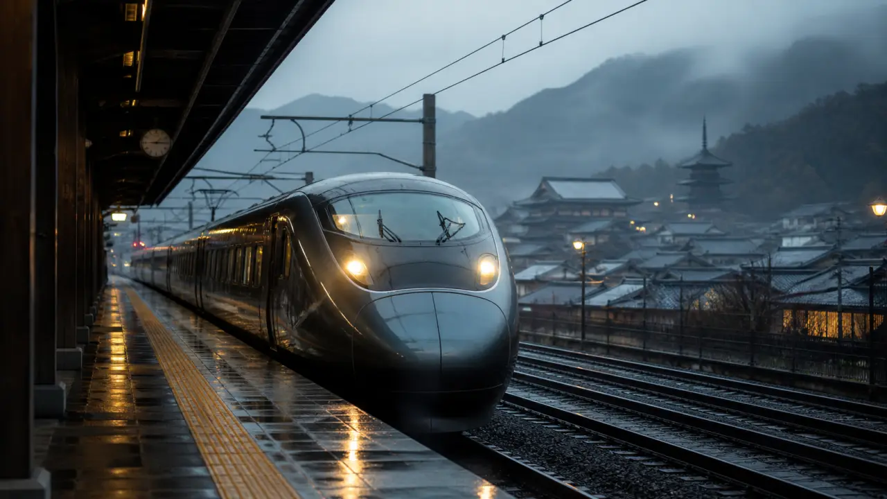 Paysage japonais vu depuis un train, atmosphère cinématographique