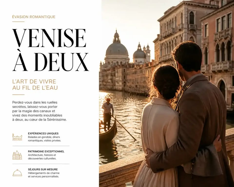 Week end amoureux en Italie : couple en escapade romantique à Venise au coucher du soleil